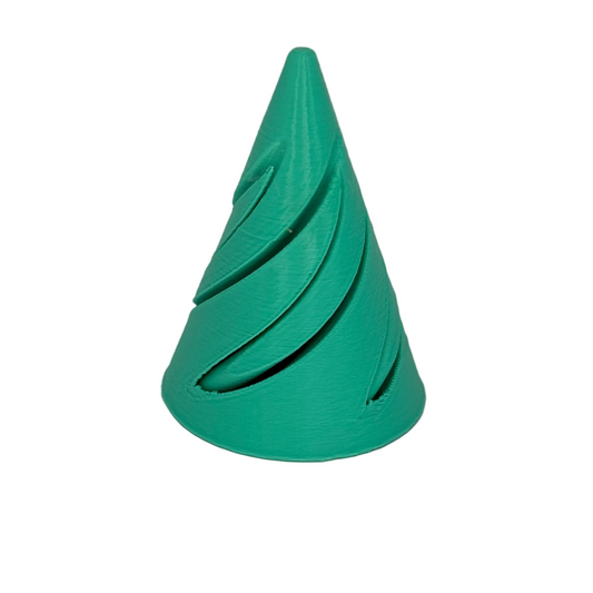 Green 3D-printed cone-shaped object on a gray surface with a white background